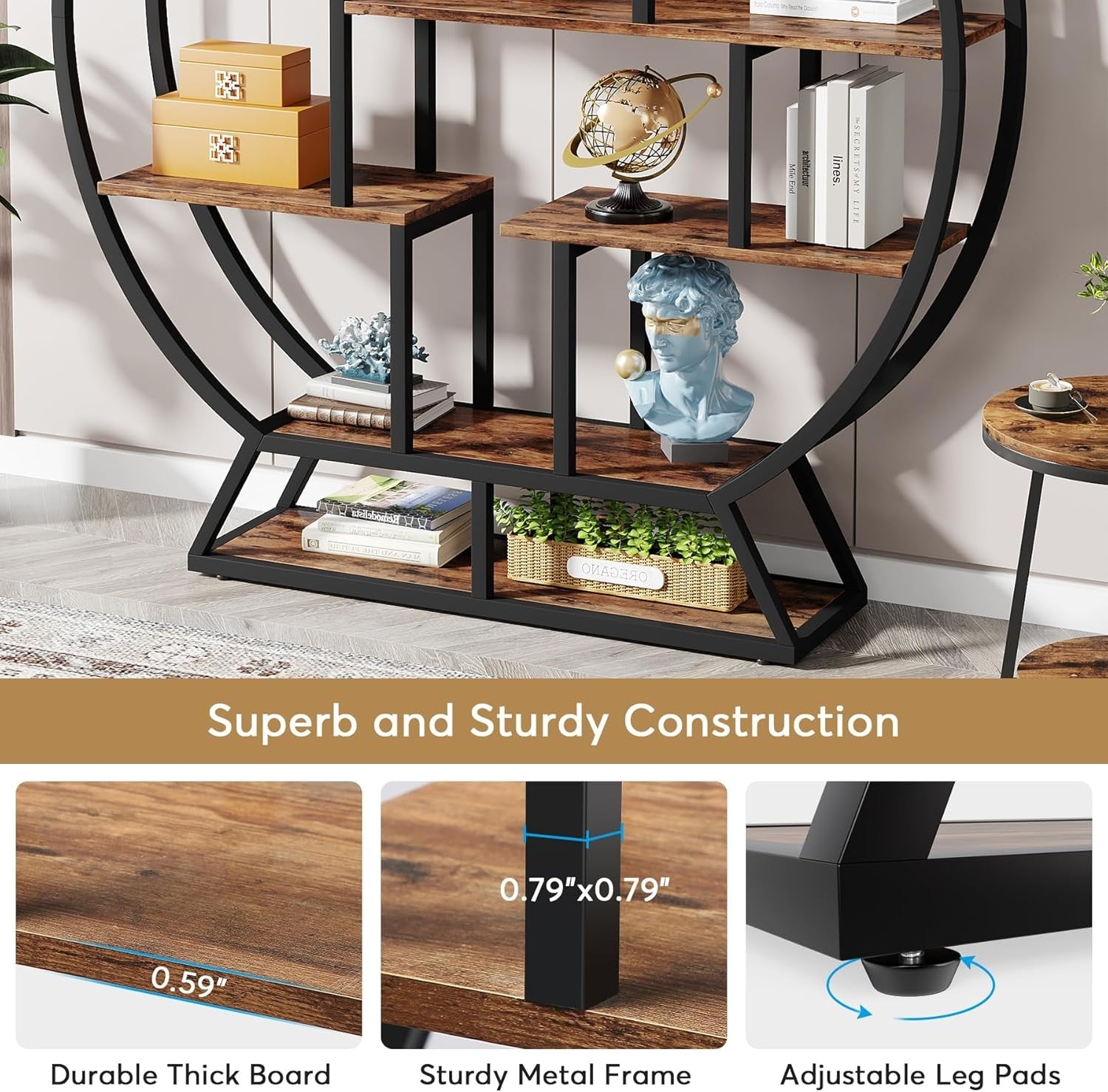 160cm Round Industrial Bookcase 5 Tier Metal Wood Display Shelf Organizer