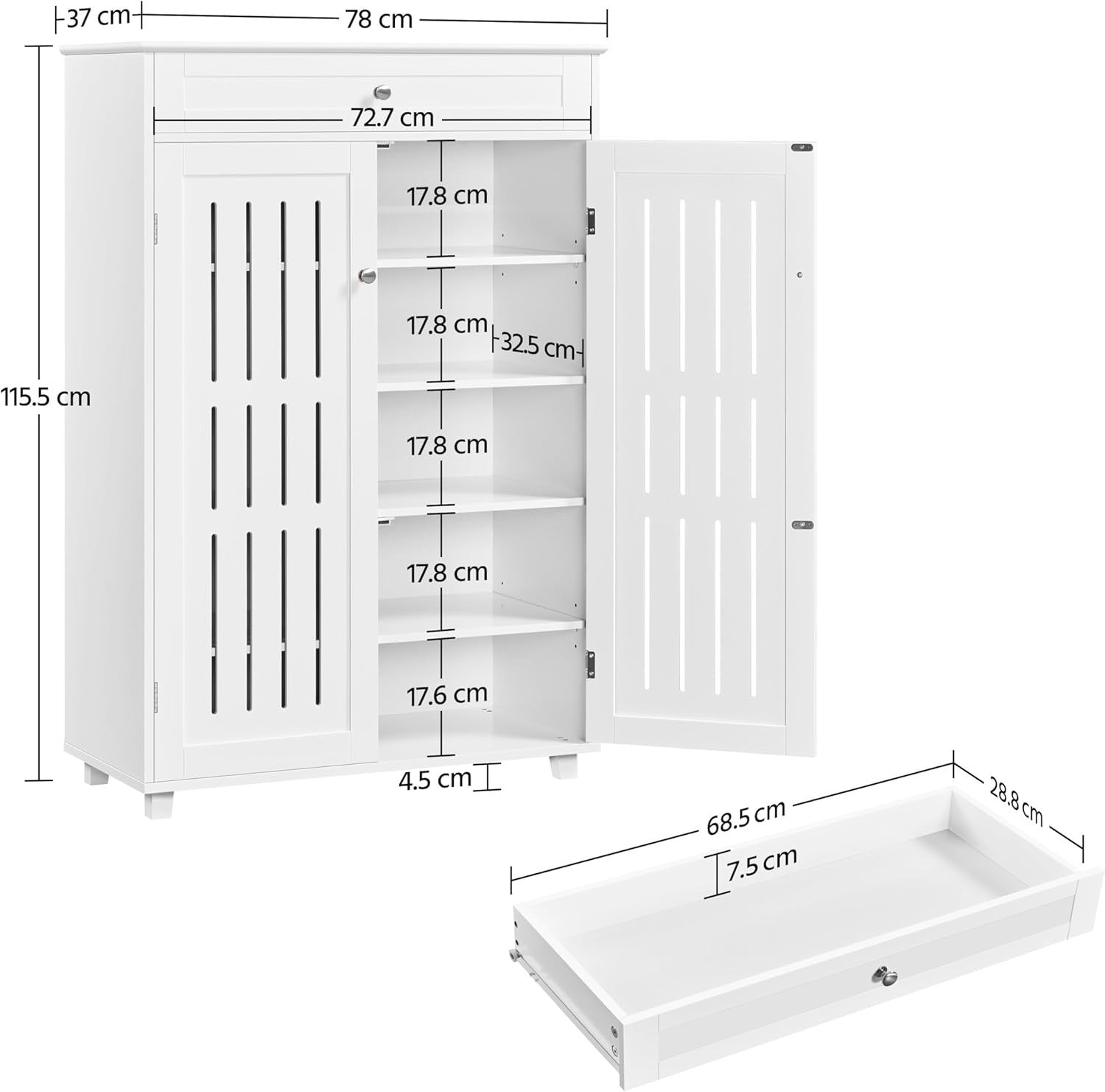 5-Tier Shoe Cabinet White with Drawer – Adjustable Shelves, Modern Storage
