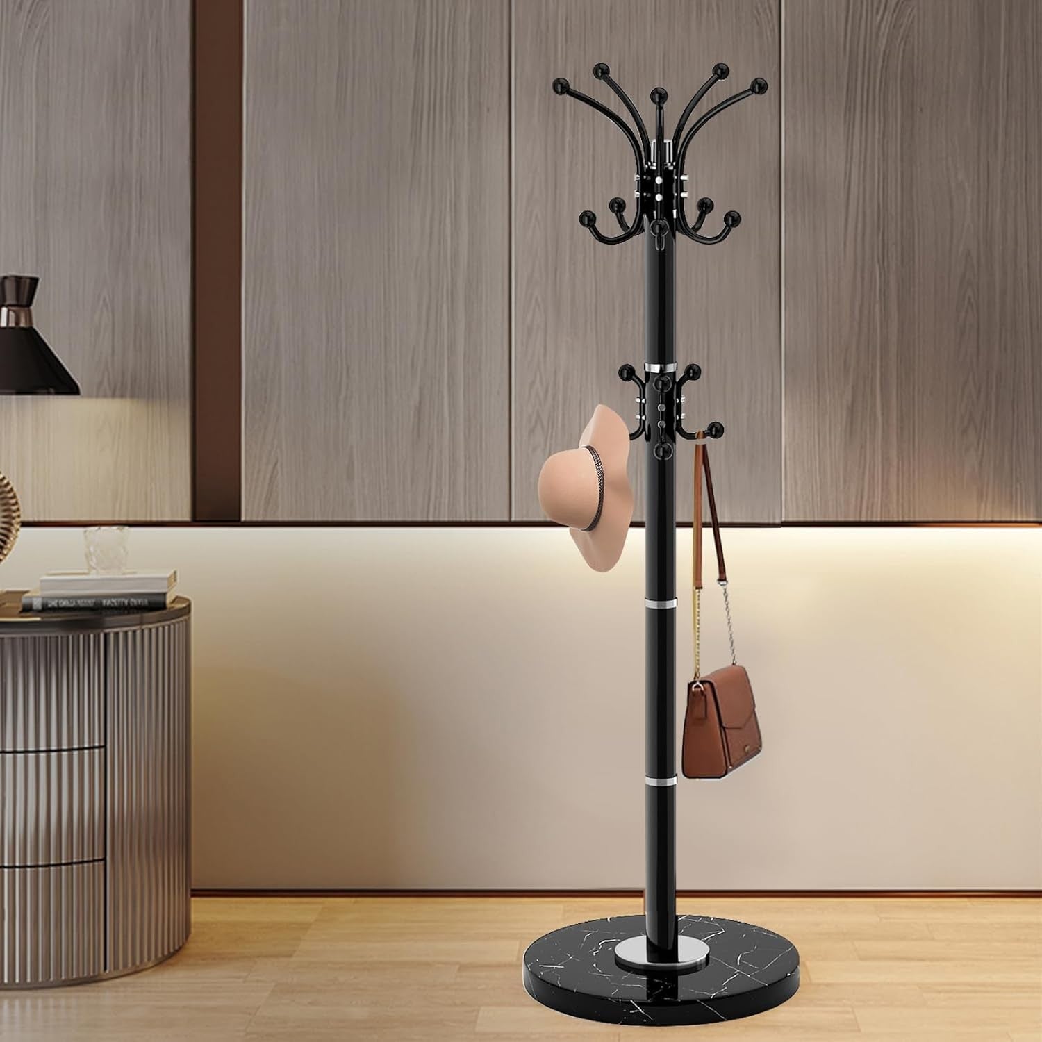 Black Metal Coat Rack Stand Marble Base 360° Rotating 16 Hooks Hall Tree