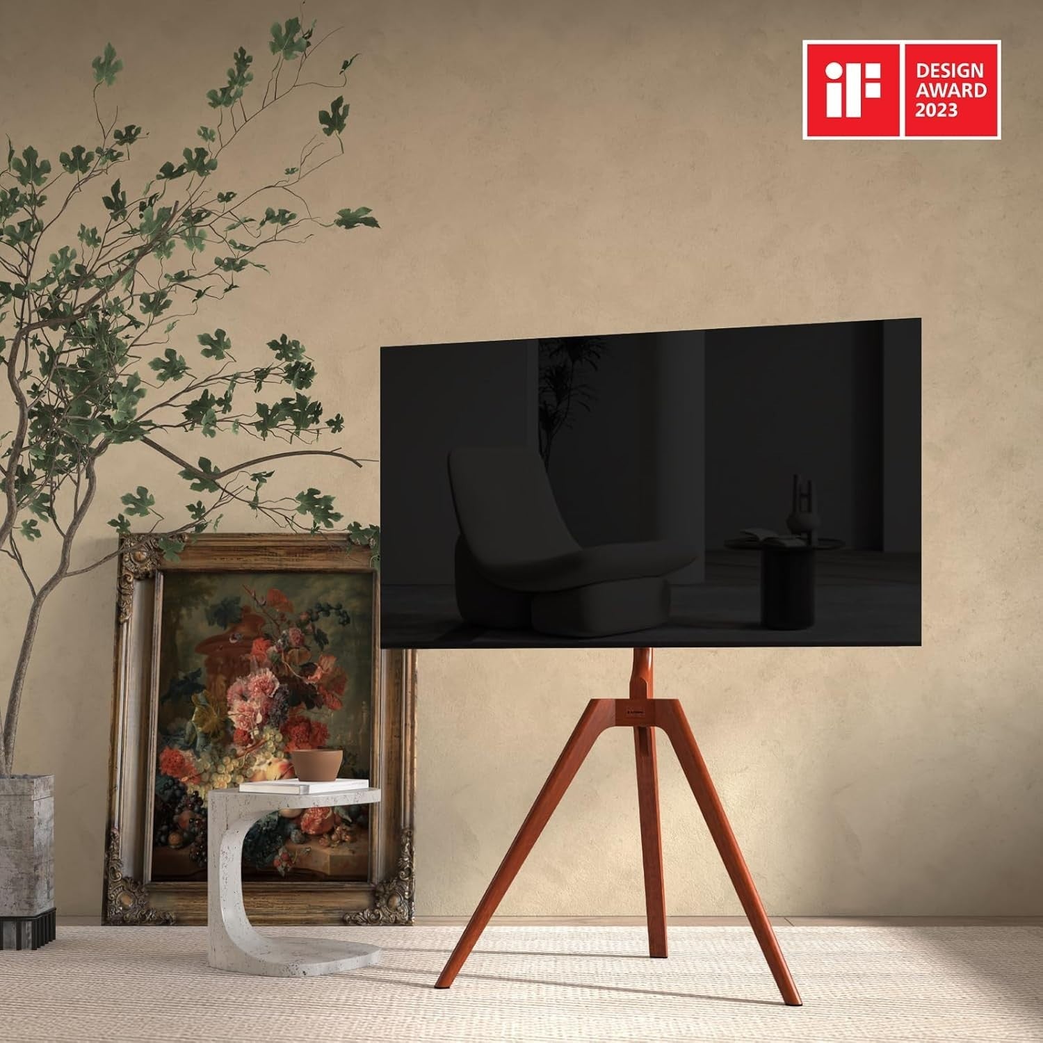 Wooden TV Stand Tripod 45–65” Adjustable Media Shelf Swivel Floor Mount