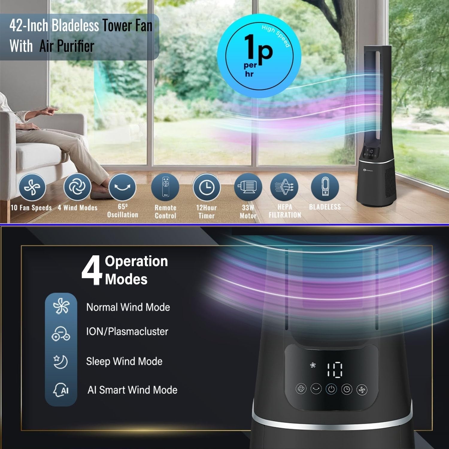 2-in-1 Bladeless Tower Fan Air Purifier HEPA Filter 10-Speed Remote Black Quiet
