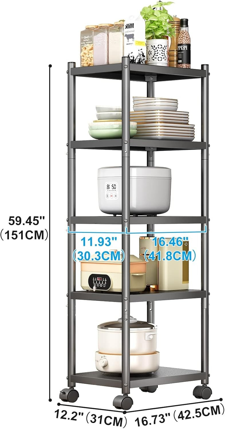 5 Tier Metal Storage Trolley on Wheels Narrow Heavy Duty Shelving Unit Rack