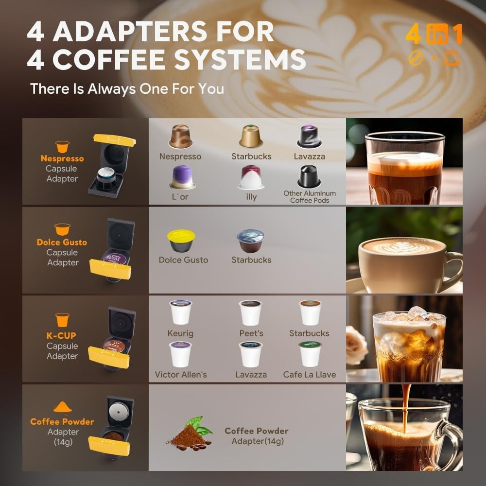 4in1 Pod Coffee Machine 19Bar Single Serve Multi Capsule Fast Brew Grey