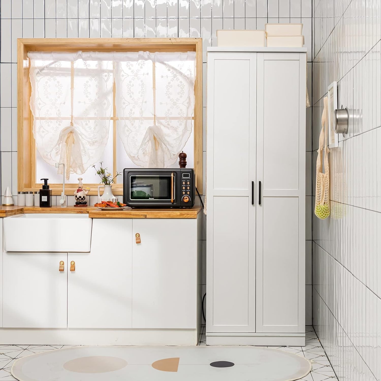 White Tall Wooden Storage Cabinet with Adjustable Shelves & Double Doors