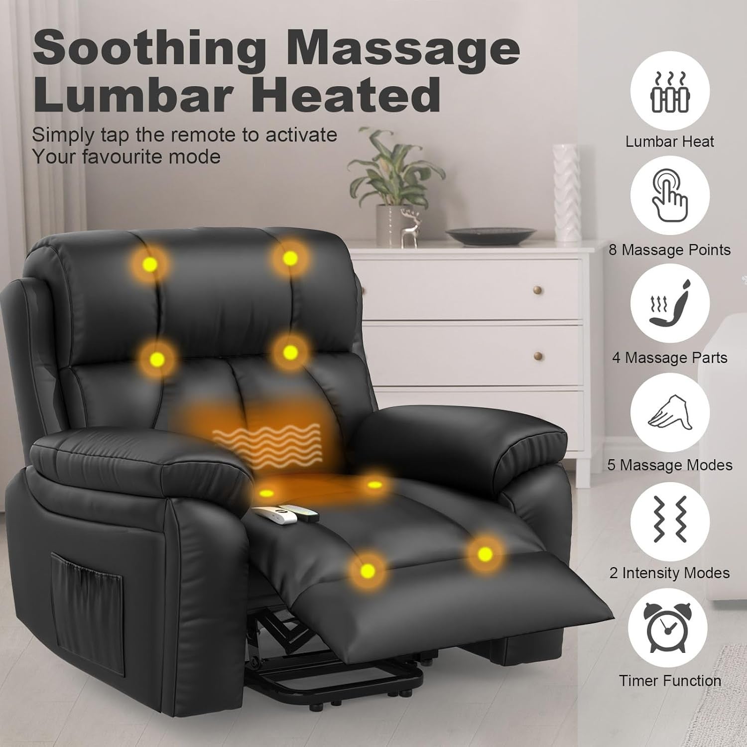 Power Lift Recliner Chair Massage Heat Oversized Faux Leather USB Type-C Black