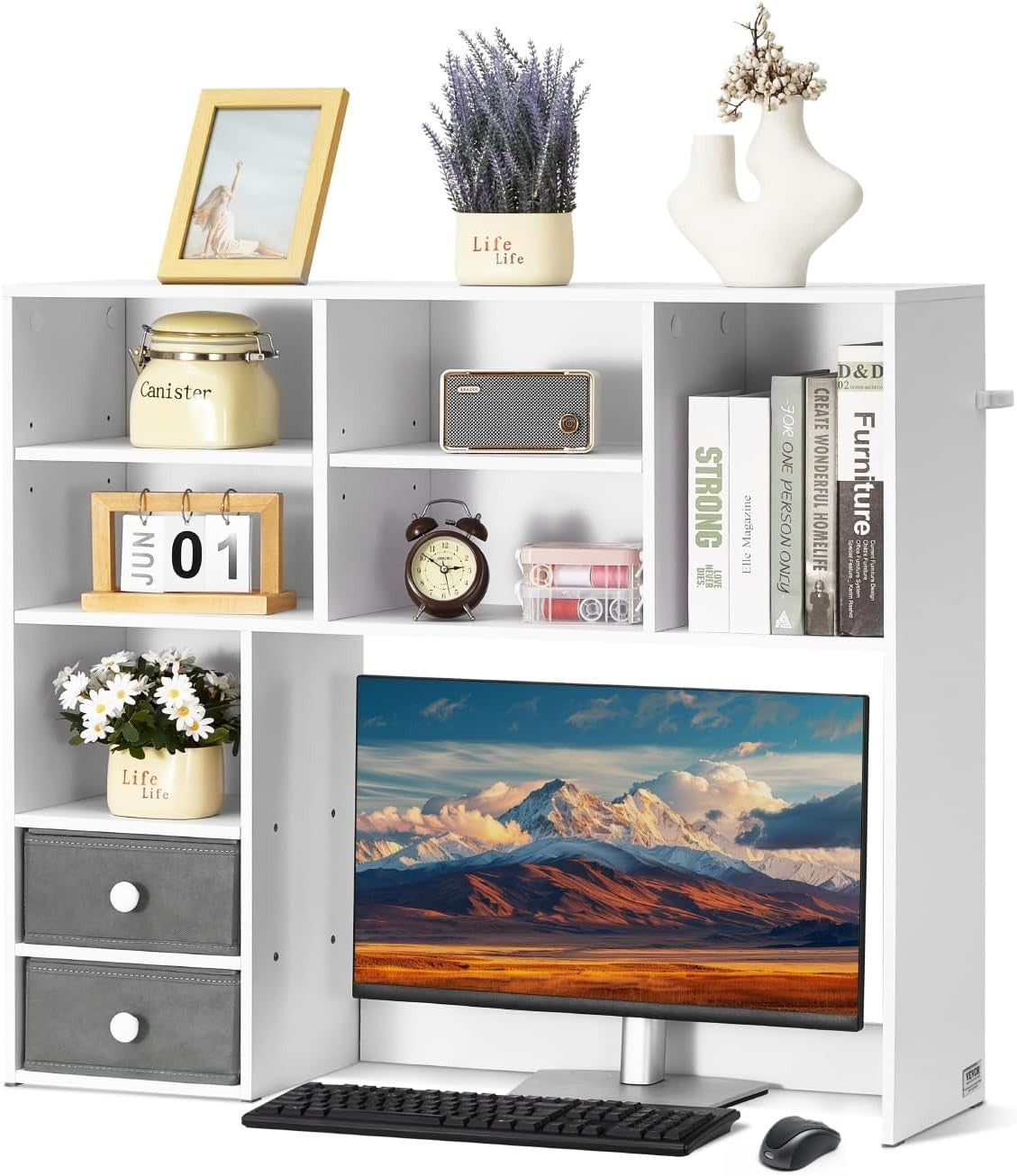 White 3-Tier Desktop Bookshelf 94cm Desk Hutch Organizer w/ Fabric Drawers