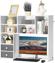 White 3-Tier Desktop Bookshelf 94cm Desk Hutch Organizer w/ Fabric Drawers