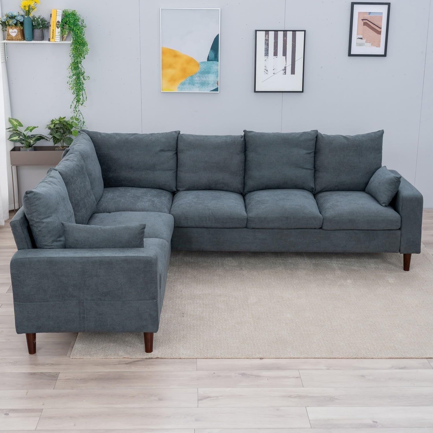 L Shape Grey Fabric Corner Sofa 6 Seater with Wood Legs Compact & Comfy