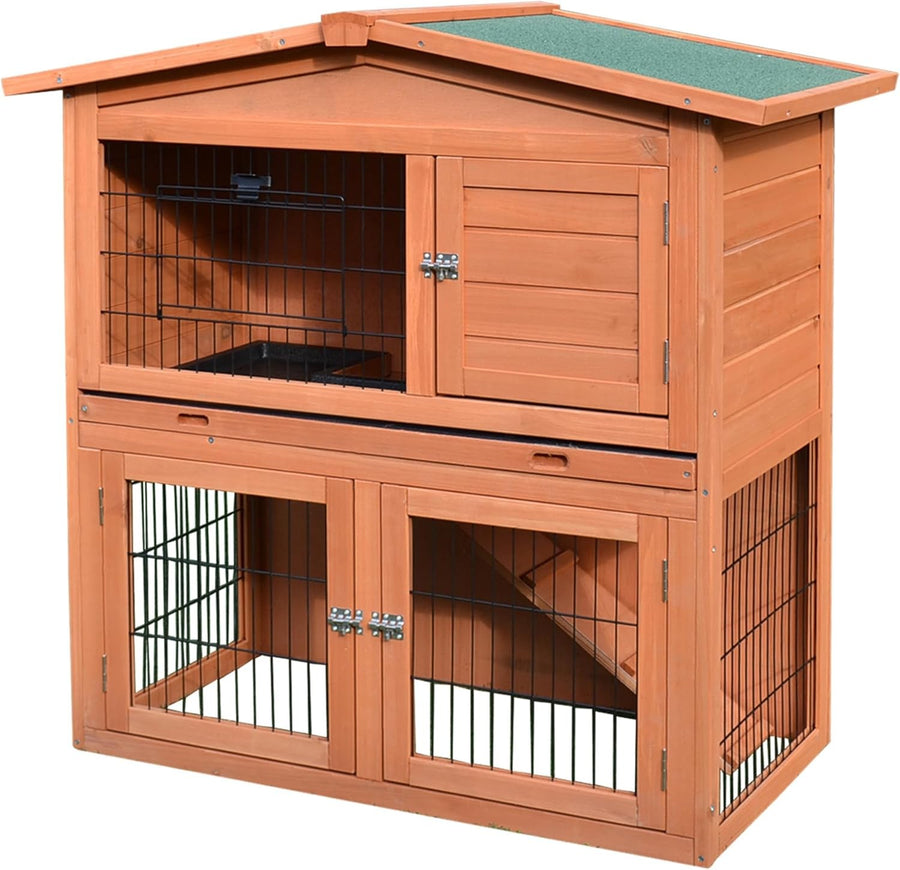 2 Tier Rabbit Hutch Outdoor Wooden Guinea Pig Cage with Tray & Ramp
