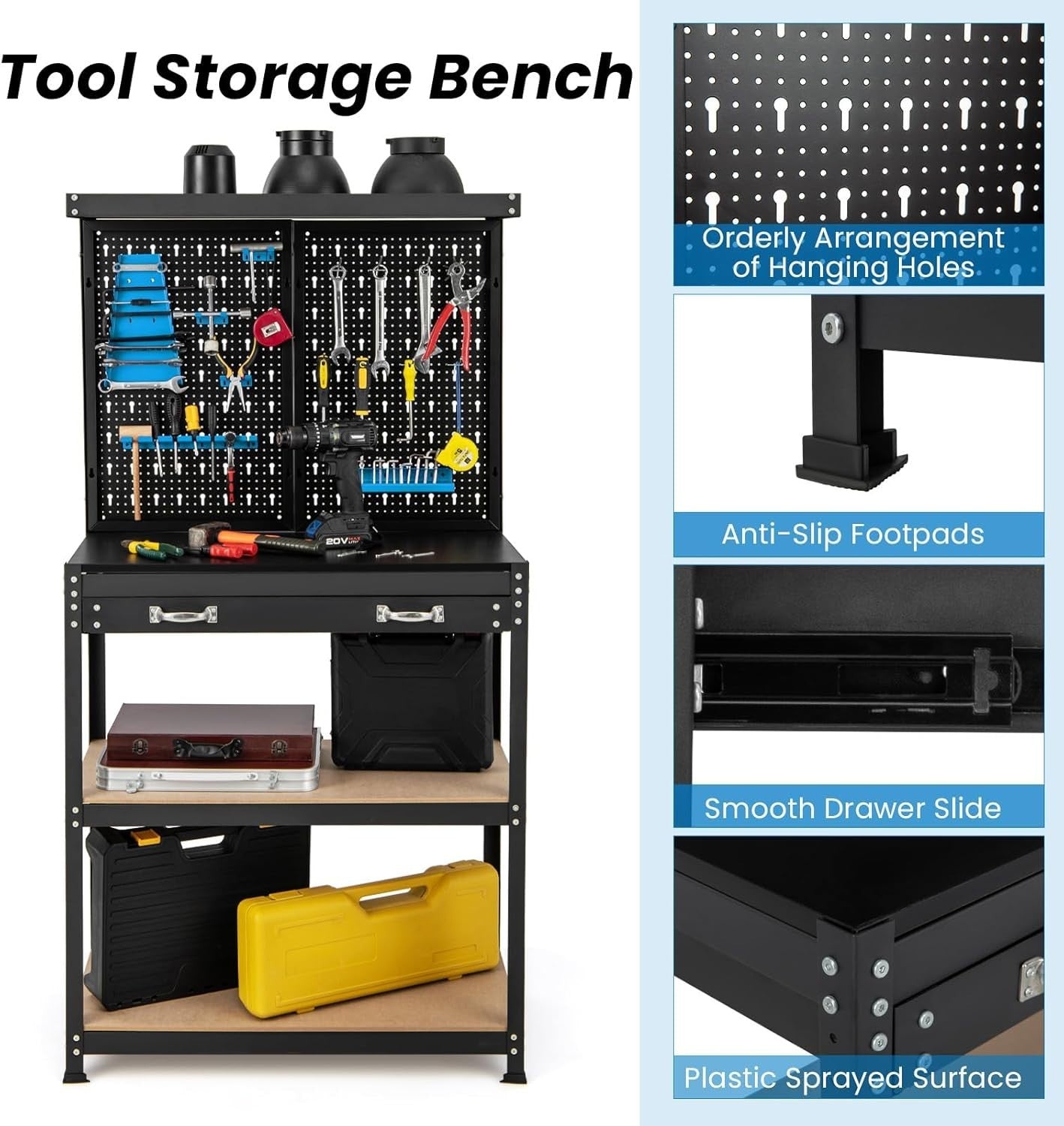 Heavy Duty Garage Workbench with Pegboard Drawer Hooks Tool Station 81x41cm