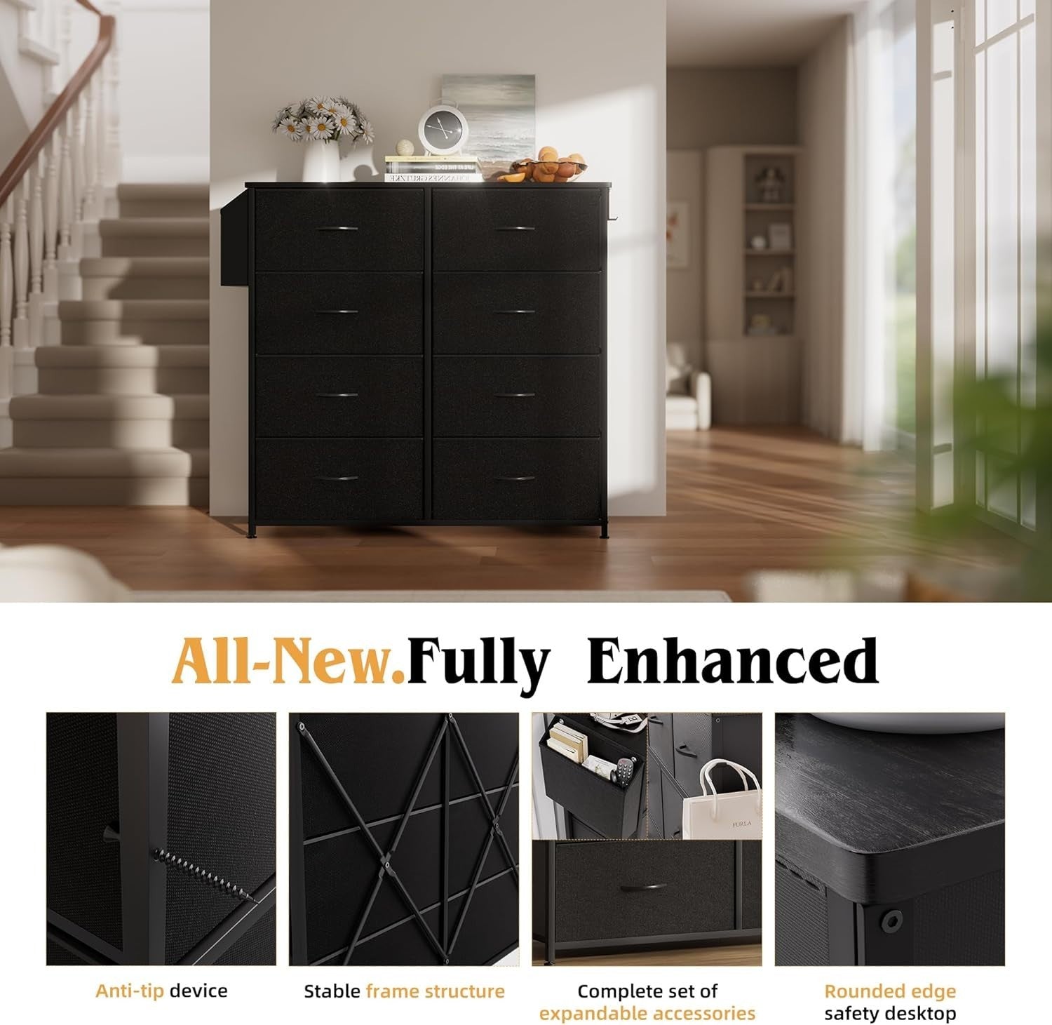Black 8 Drawer Fabric Storage Unit w/ Labels & Pocket – 80x30x97cm