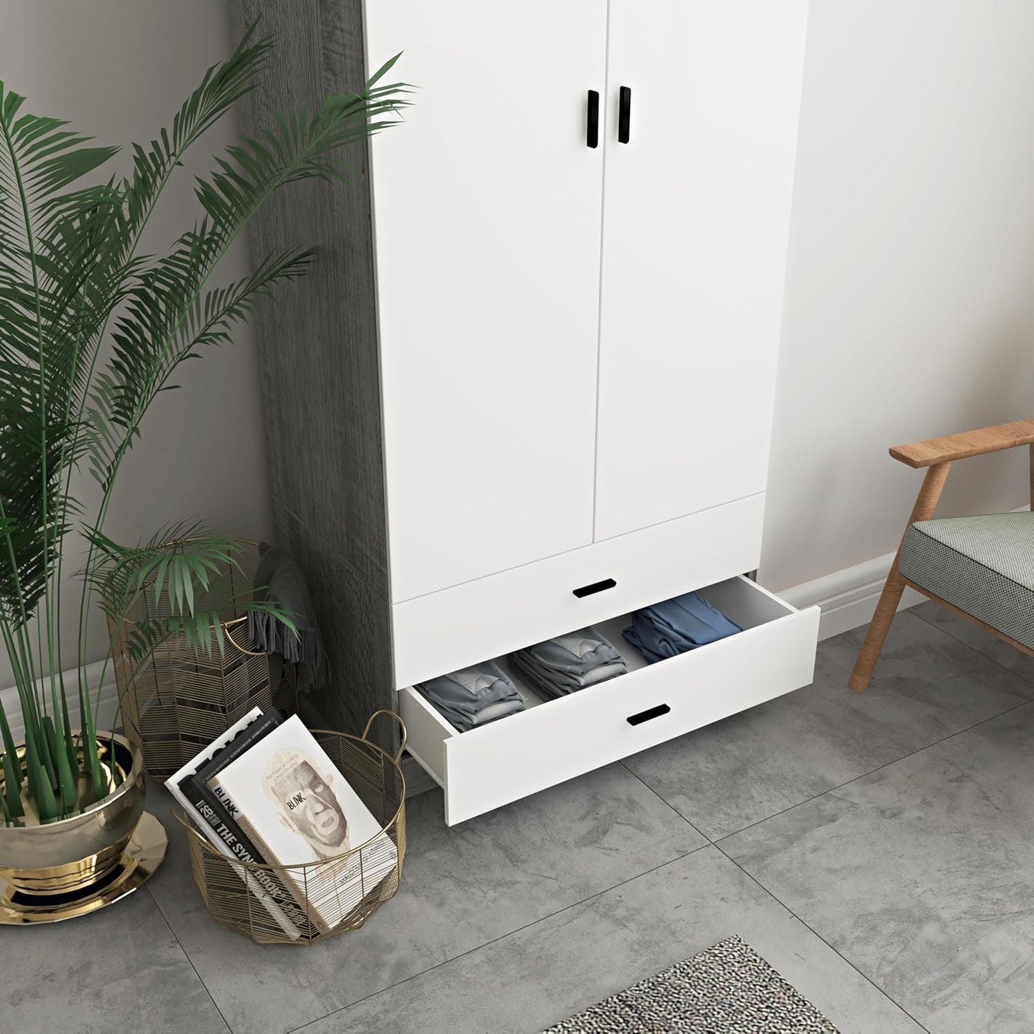 Tall 2 Door White Drawer Wardrobe Modern Clothes Storage for Bedroom Home