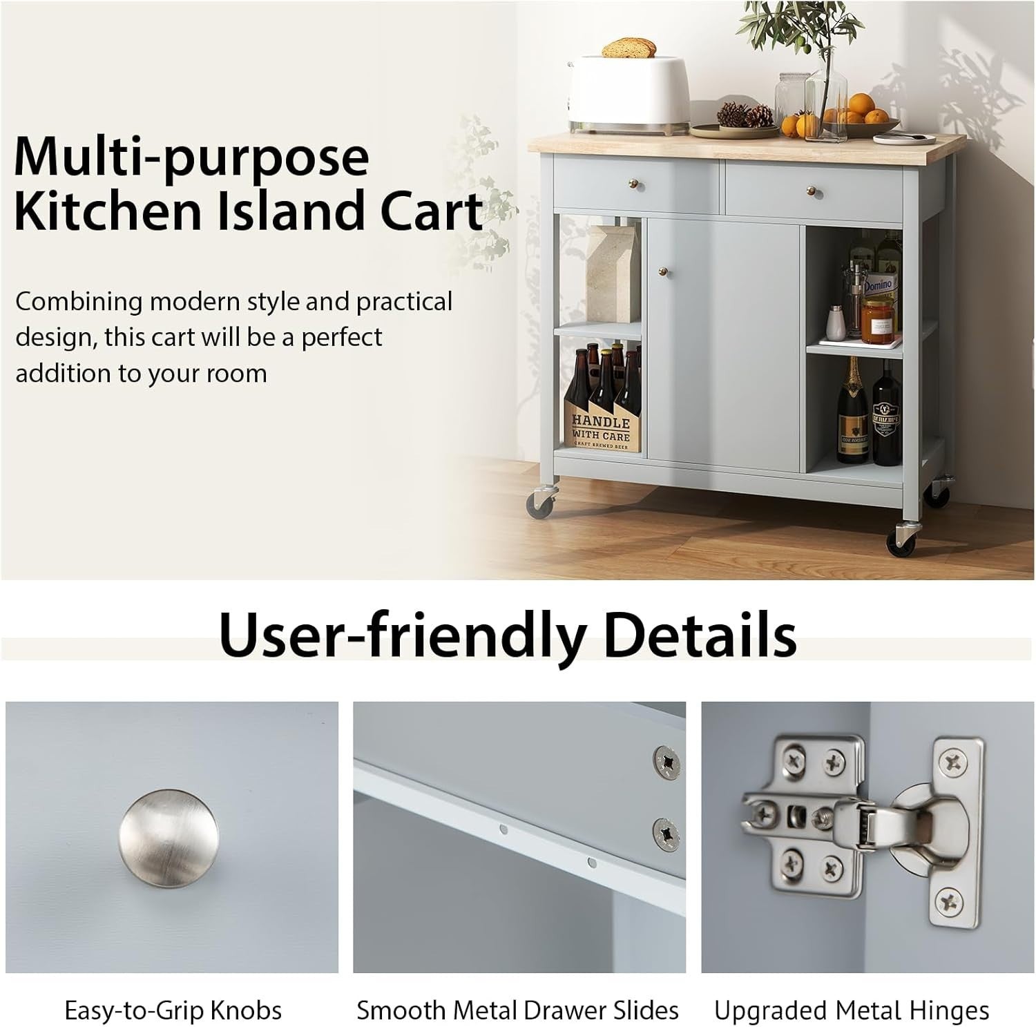 Mobile Kitchen Island Cart with Rubber Wood Top, Adjustable Shelves & Locking