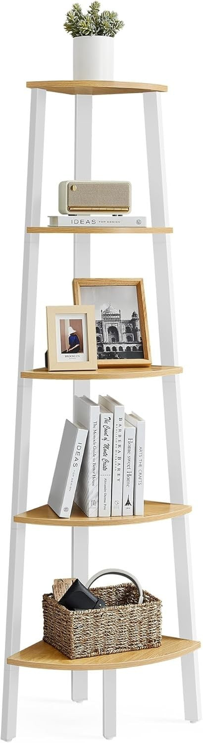 5 Tier Corner Ladder Shelf Oak & White Industrial Bookcase Plant Stand