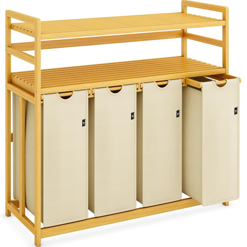 200L 4-Section Laundry Sorter Bamboo Frame Beige With Shelf Removable Bags