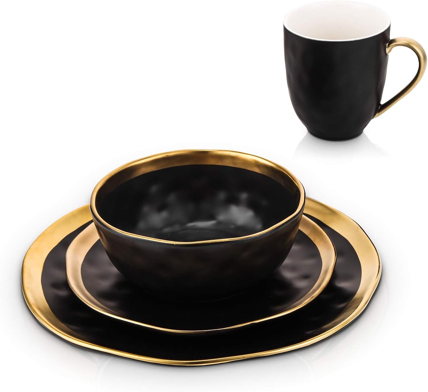 Black Gold Rim Dinnerware Set 16 Piece Porcelain Plates Bowls Service for 4