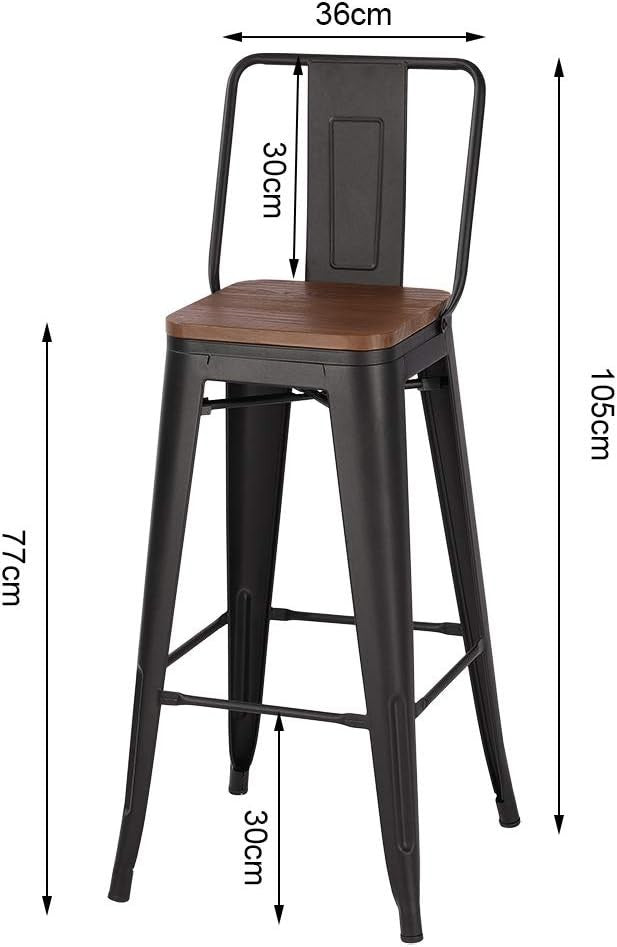 Set of 6 Industrial Black Bar Stools with Backrest & Footrest – Wood & Metal