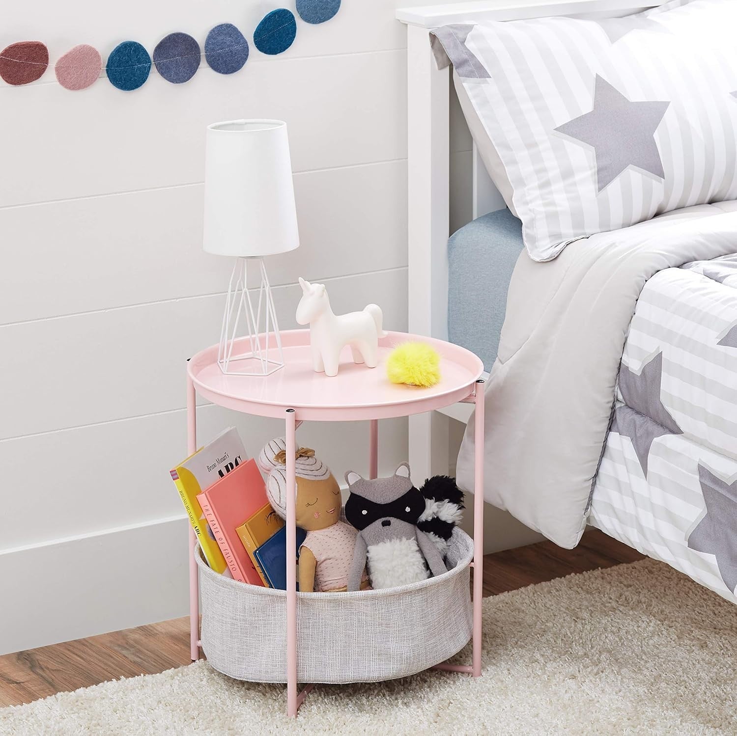 Round Storage End Table Dusty Pink with Fabric Bin 45x45x48cm Modern