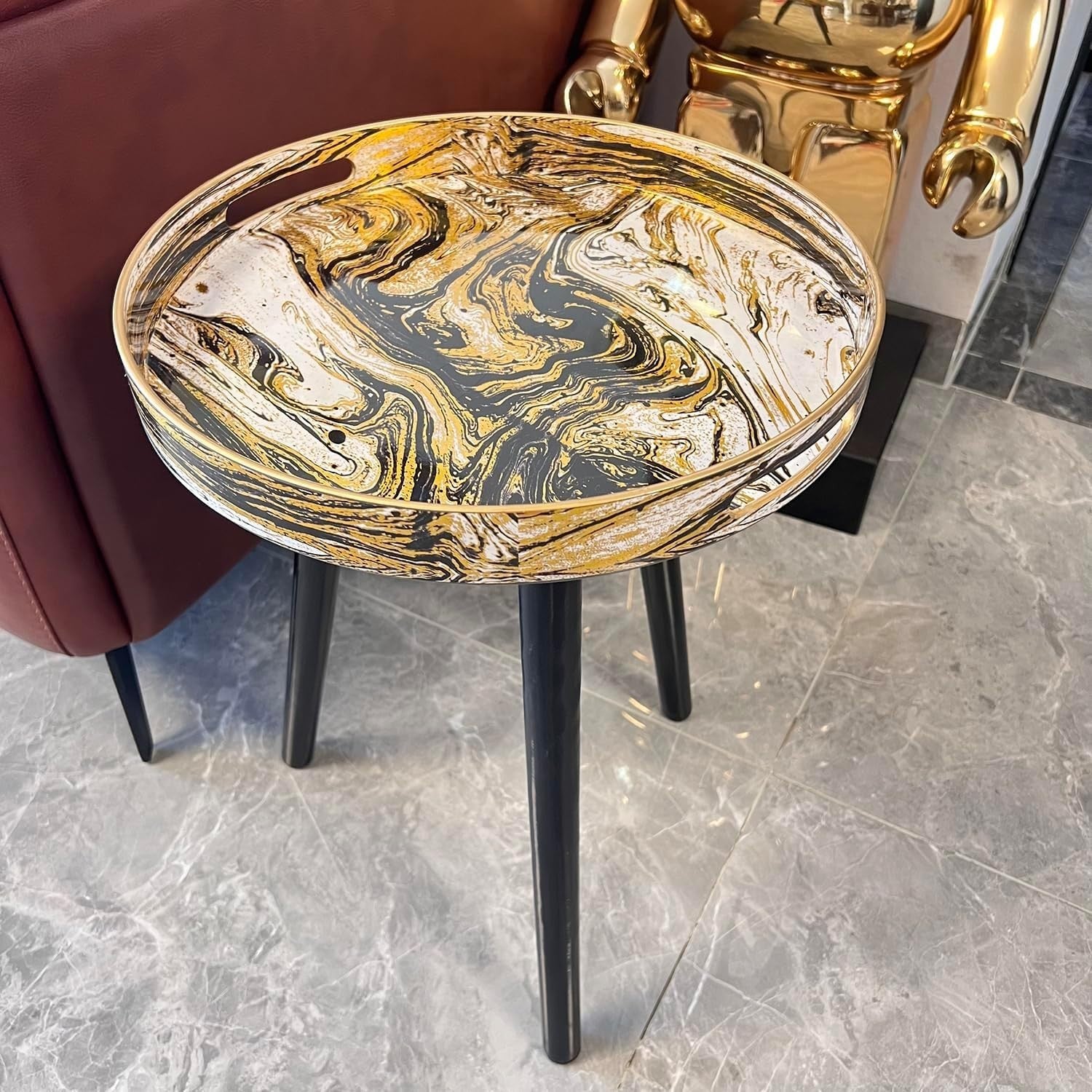 Round Side Table with Detachable Legs – 50x38x38cm Marble Black Gold