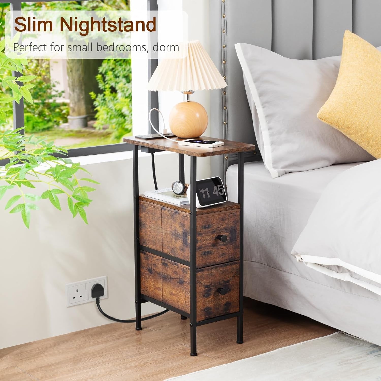 Rustic Slim Bedside Table with Charging Station, 2 Drawers & Open Shelf Storage