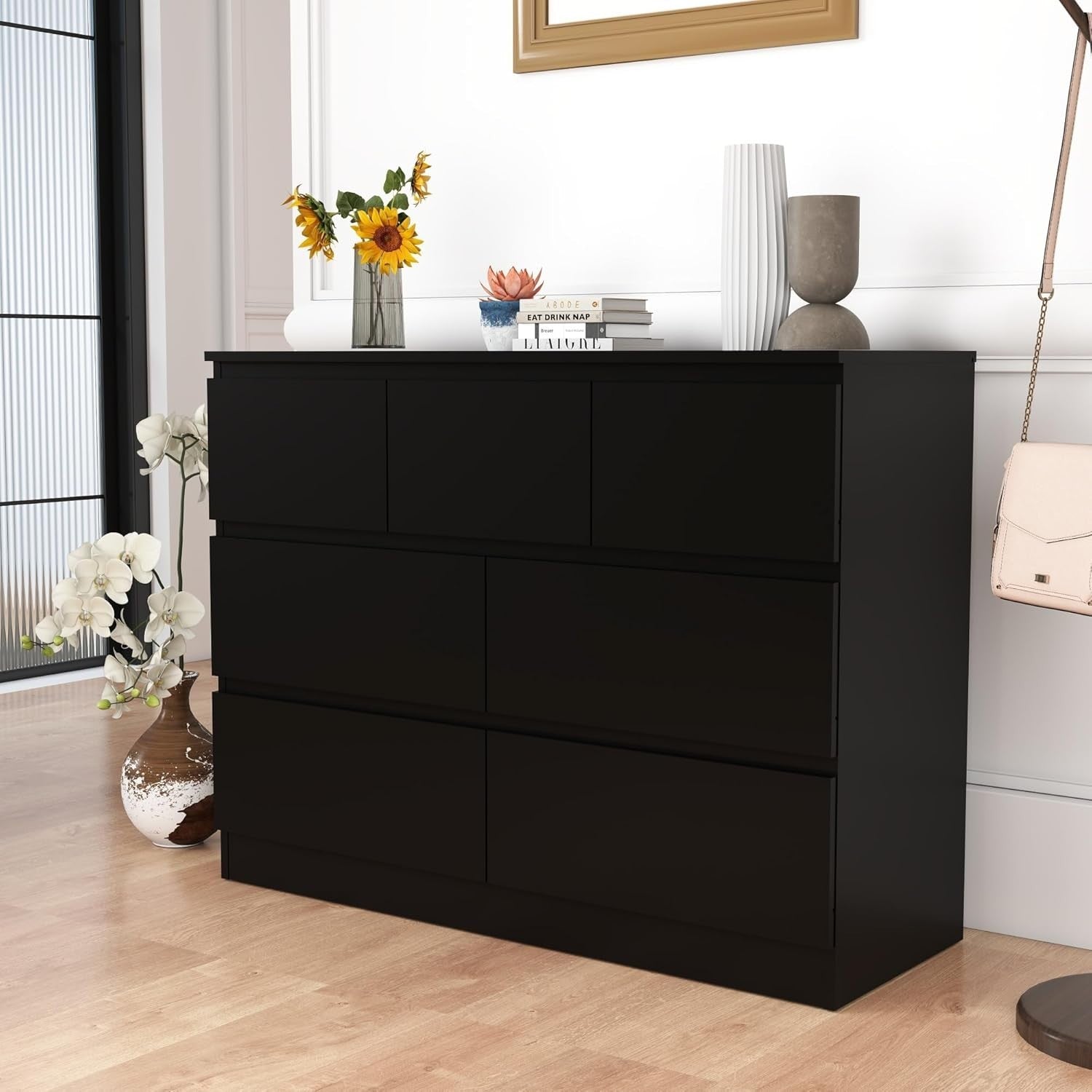 Black 7 Drawer Chest Wide Modern Storage Unit No Handle 106cm Bedroom