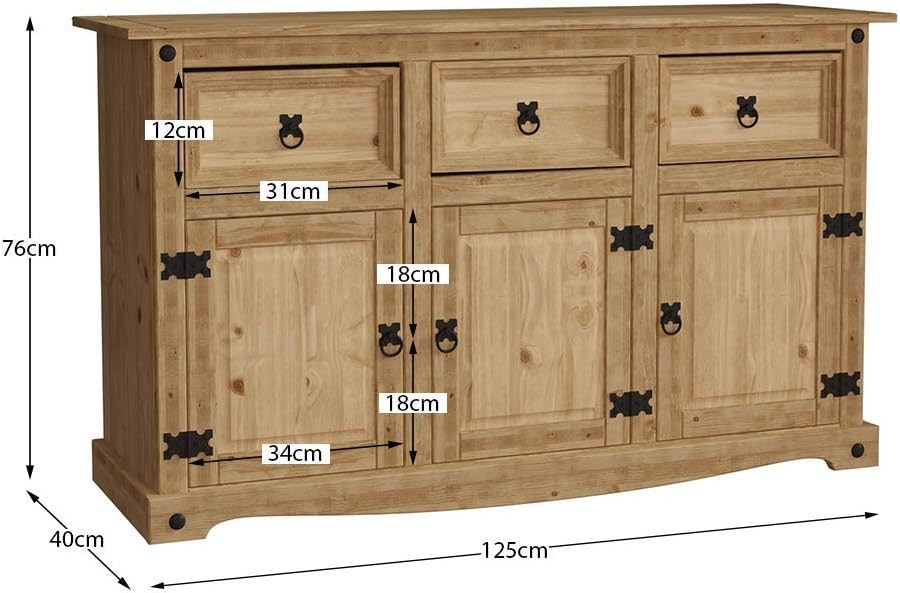 Large Rustic Solid Pine Sideboard 3 Door 3 Drawer Storage Cabinet 125cm