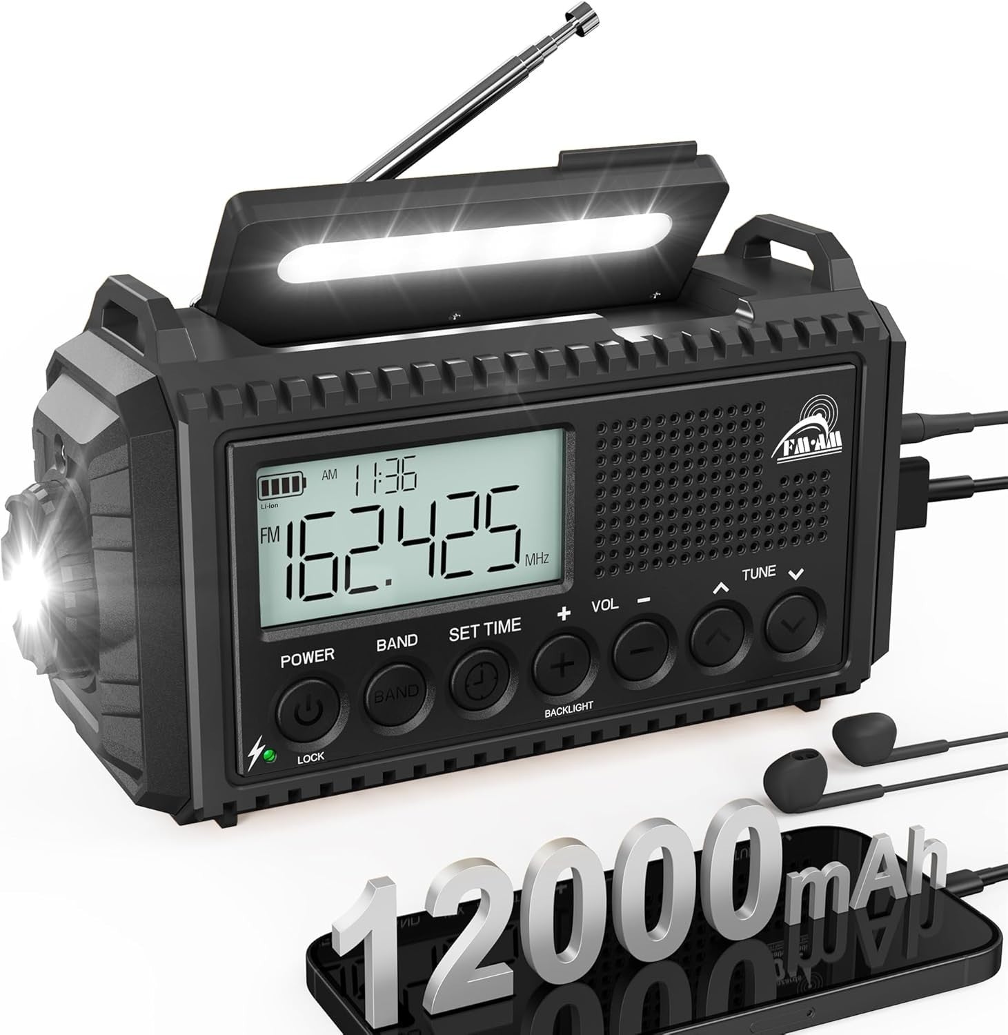 Emergency Wind Up Solar Radio AM/FM/SW 12000mAh Waterproof