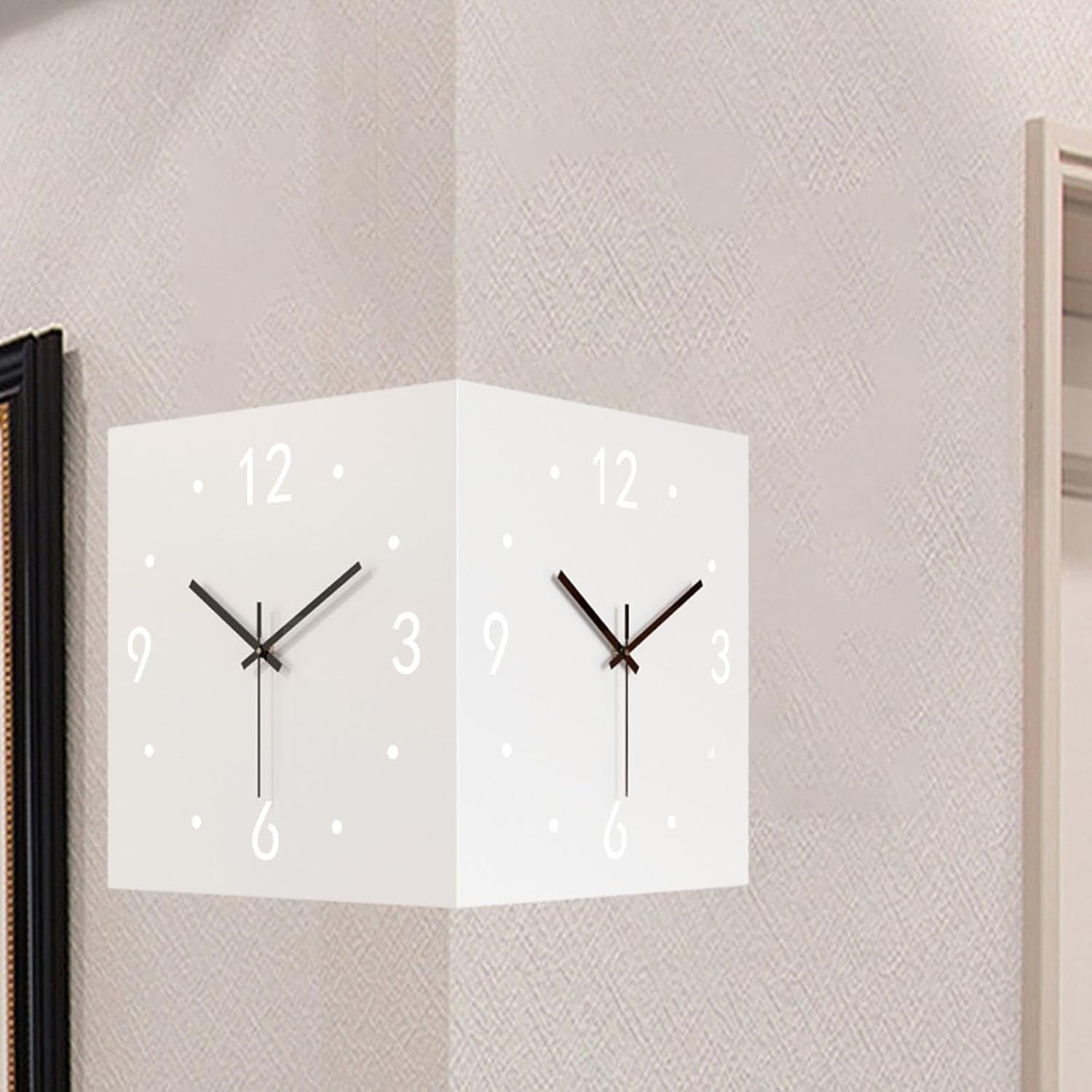 Double Sided Corner Wall Clock Modern Silent Cube Design for Hallway Office