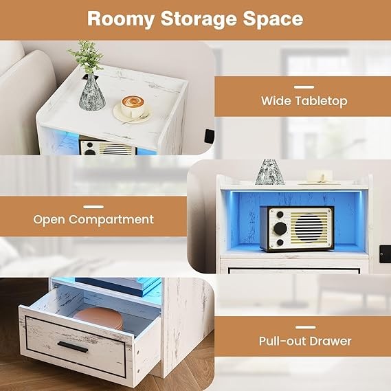 Smart LED Bedside Tables Set of 2 with Wireless Charging Drawer Storage White