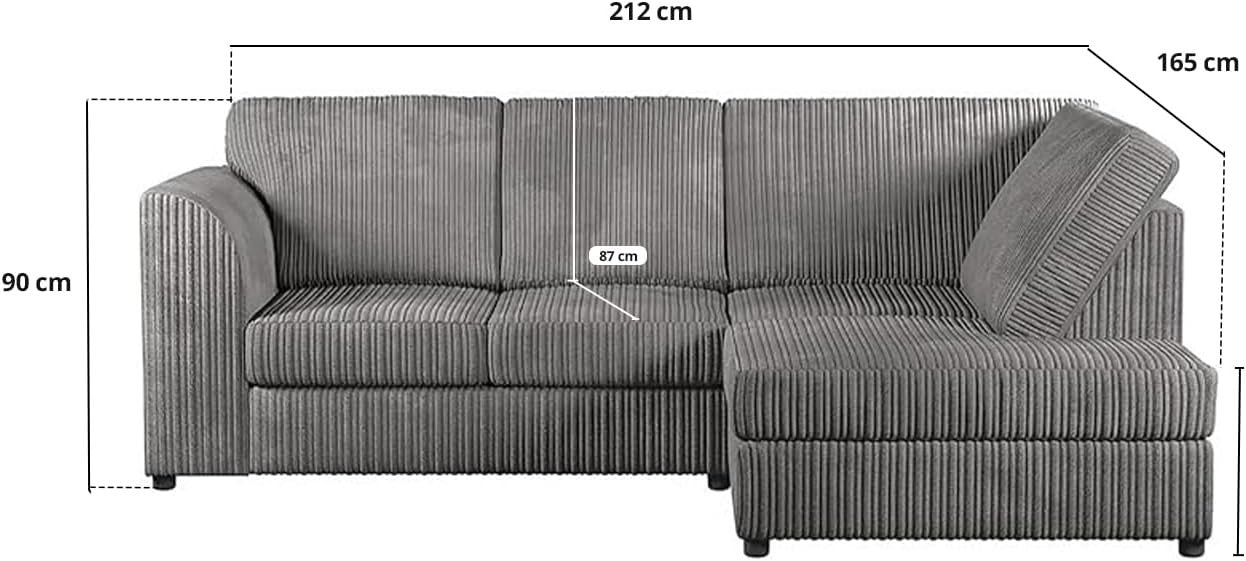 High Back Jumbo Cord 4-Seater Right Hand Corner Sofa Grey L-Shape Comfort