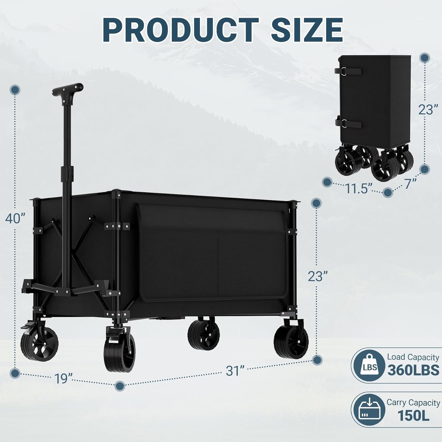 Heavy Duty 150L Folding Camping Trolley All-Terrain Garden Beach Wagon Black