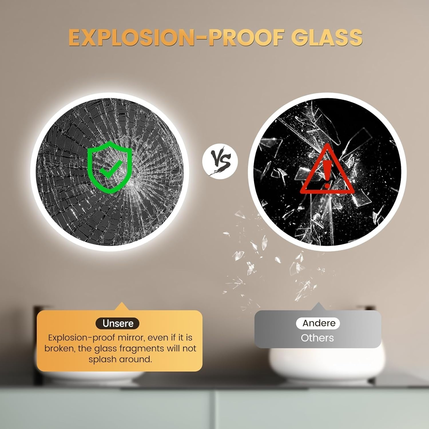 LED Bathroom Vanity Mirror Touch Sensor Anti-Fog Dimmable Round 60x60cm