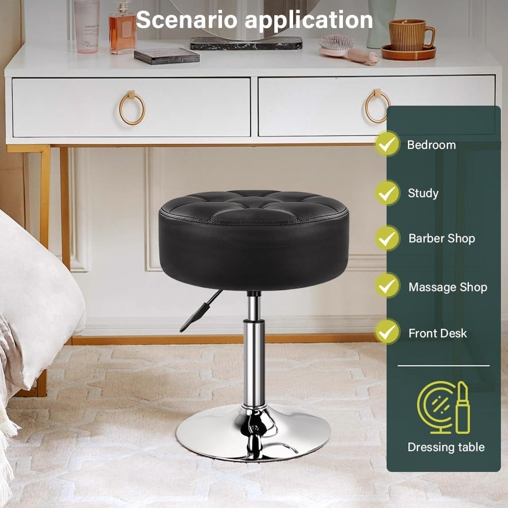 Black Thick-Cushion Swivel Vanity Stool – Adjustable PU Leather Seat