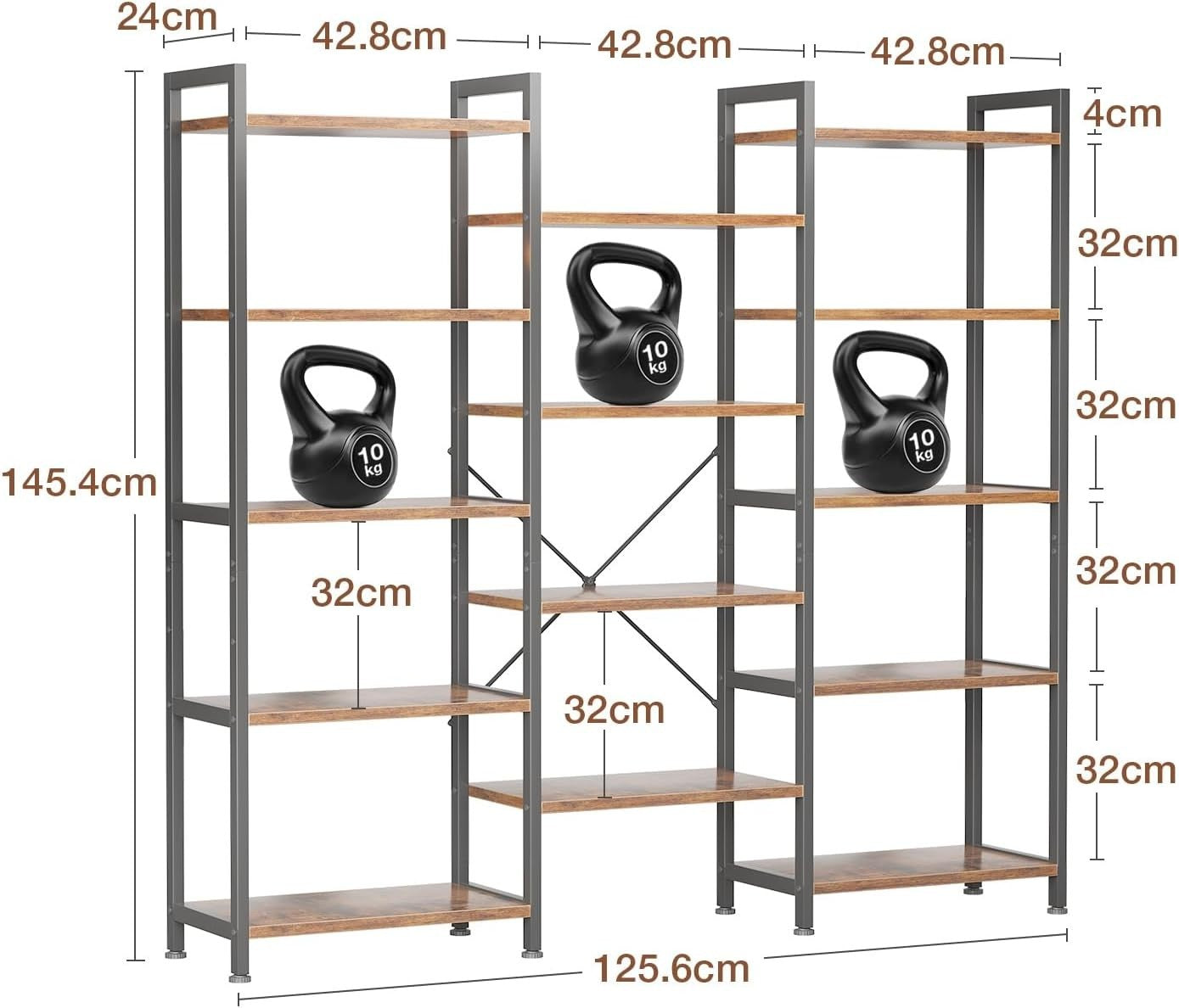 5 Tier Triple Bookshelf Industrial 14 Shelf Wide Bookcase Rustic Brown Metal