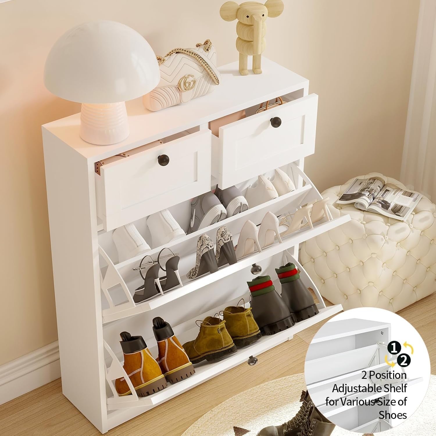 Slim 2 Flip Drawer Shoe Cabinet with Adjustable Shelves & Storage Drawers