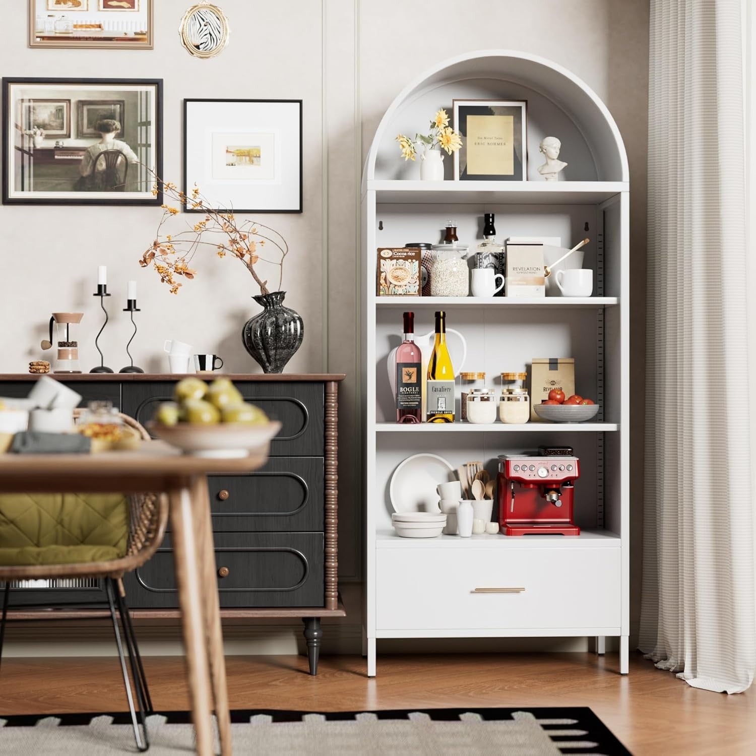 185cm Metal Arched Kitchen Pantry Cabinet White | Drawer Storage