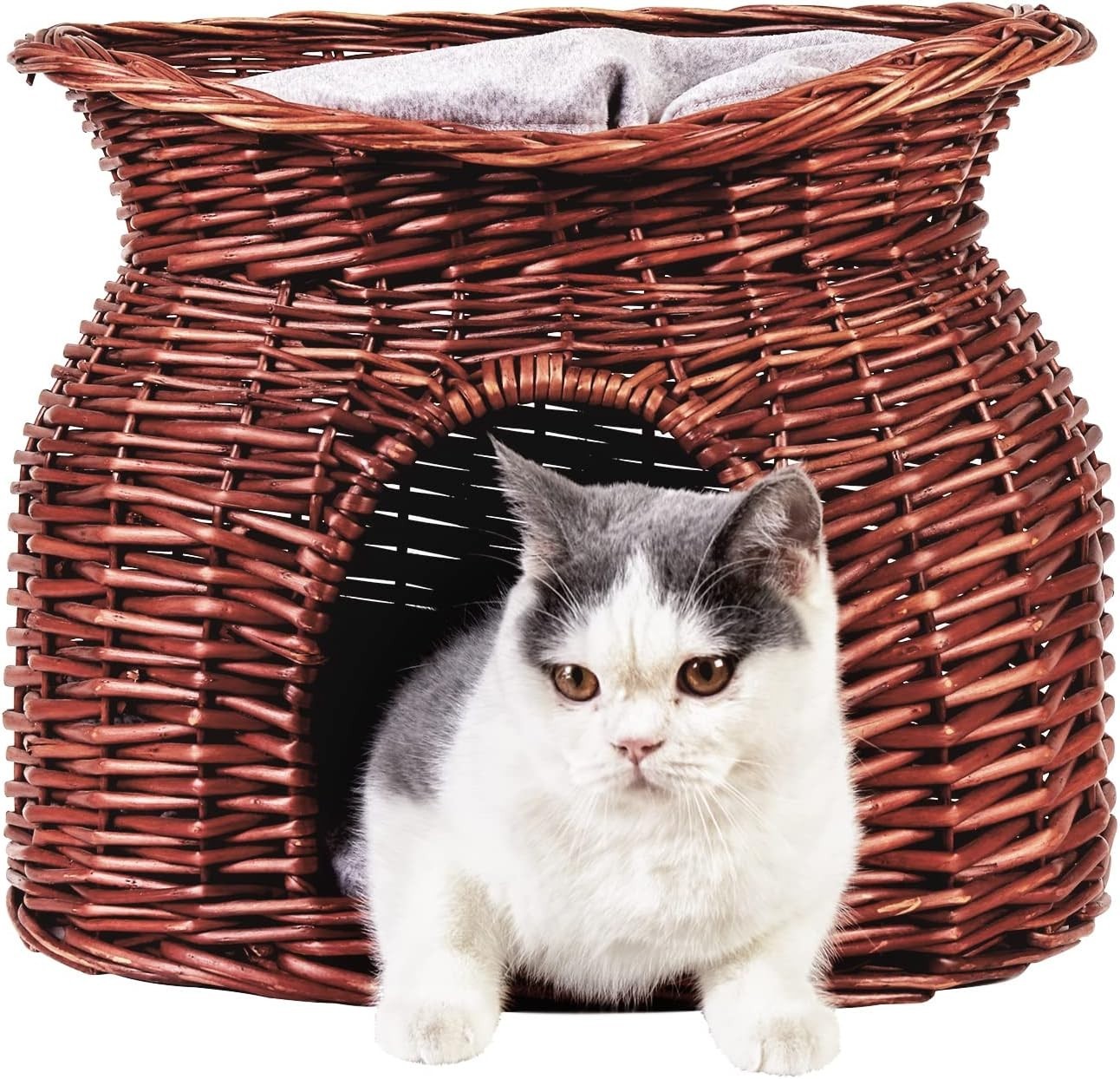 2 Tier Wicker Cat Cave House Basket Bed with Cushions Brown