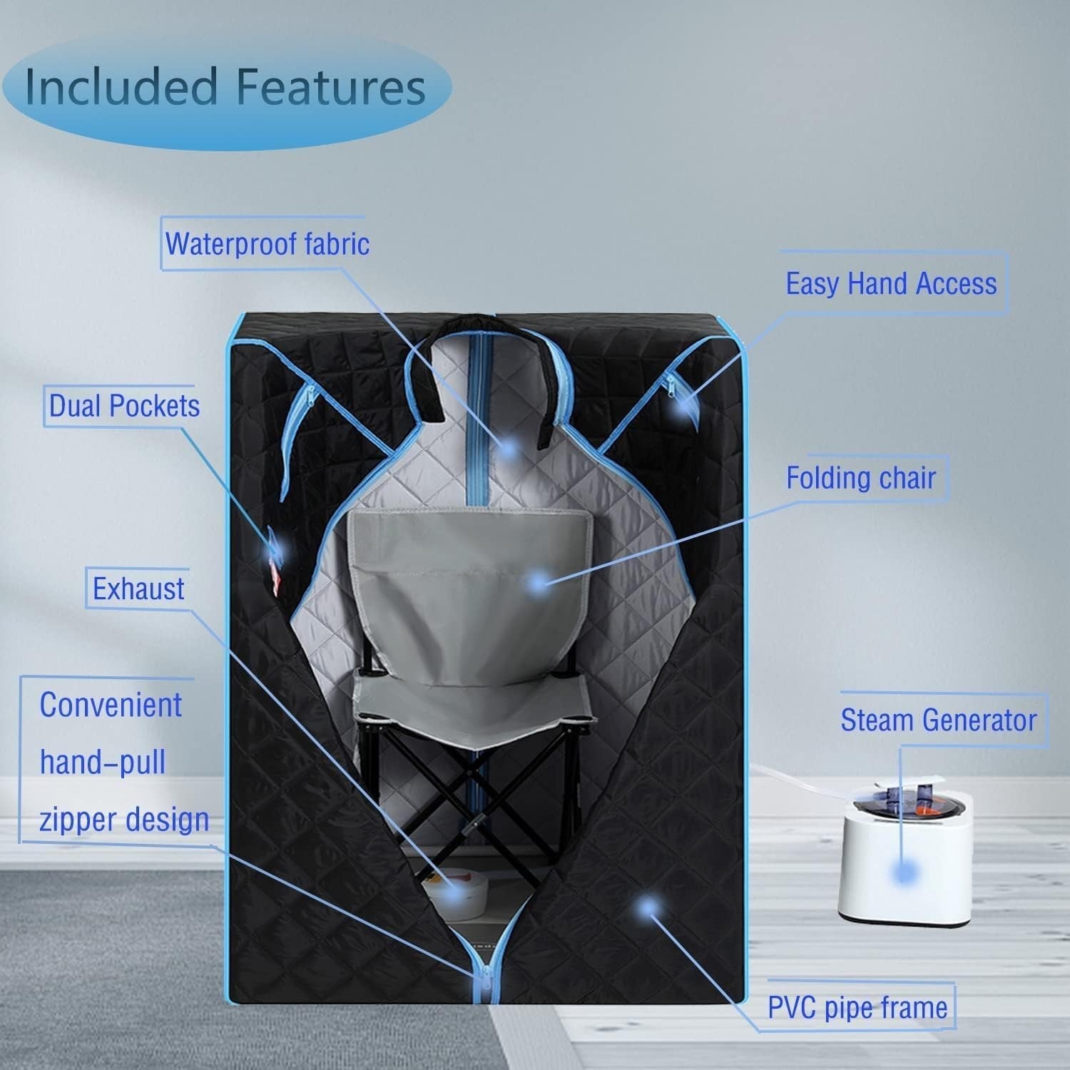 Portable Steam Sauna Tent w/ 1000W Generator & Chair Detox Box (Black)