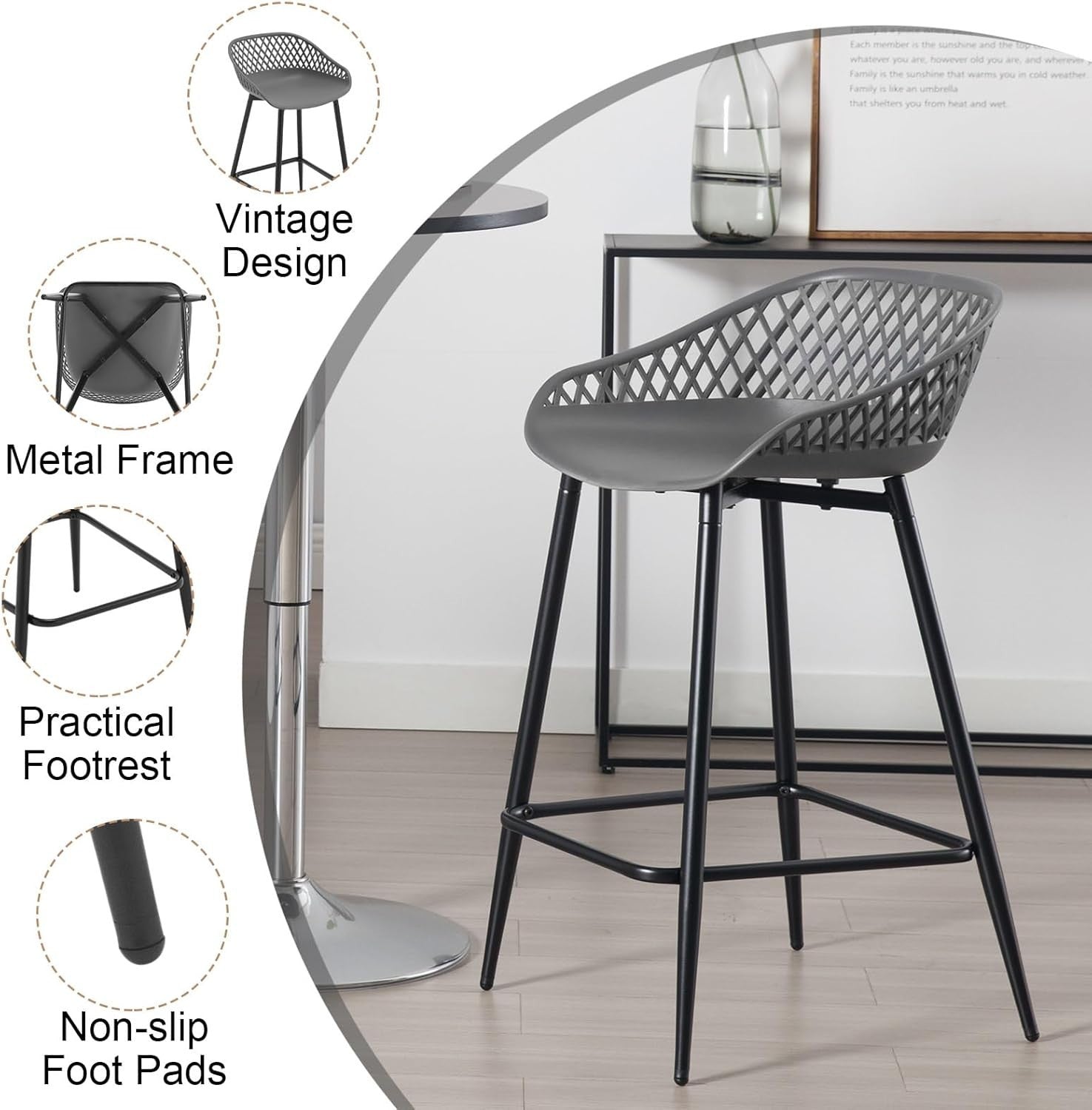 Grey PP Bar Stools Set of 2 with Backrest Footrest Kitchen Counter