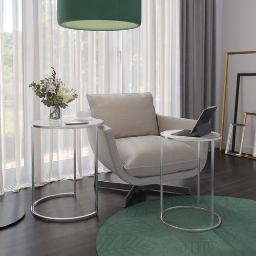 Set of 2 Round Nesting End Tables Tempered Glass Top Chrome Space Saving