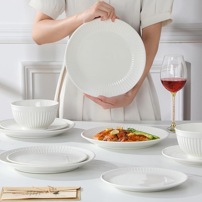 18 Piece White Porcelain Dinner Set for 6 Embossed Plates Bowls Tableware