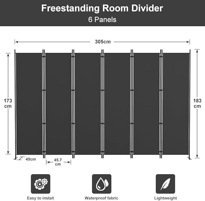6-Panel Folding Room Divider 6ft Dark Grey Privacy Screen Wall Partition