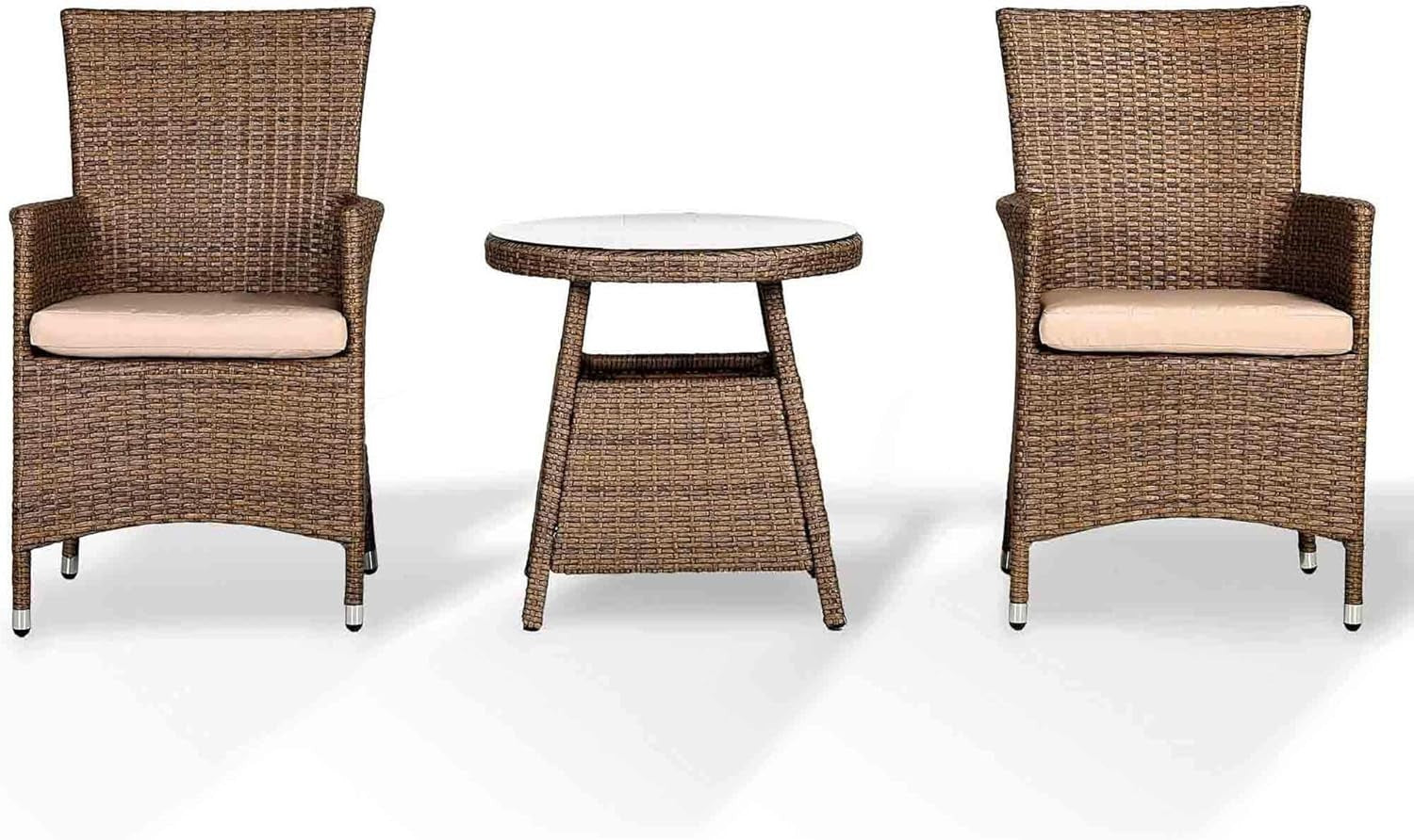 Brown Rattan Bistro Set 2 Armchairs with Side Table Balcony Patio Seating
