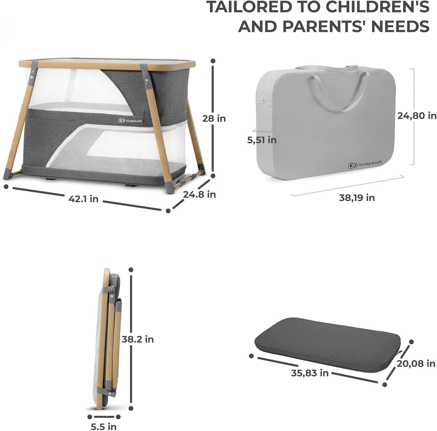 4in1 Travel Cot Playpen Cradle with Mattress Bag Quick Folding 106x63x71cm Grey