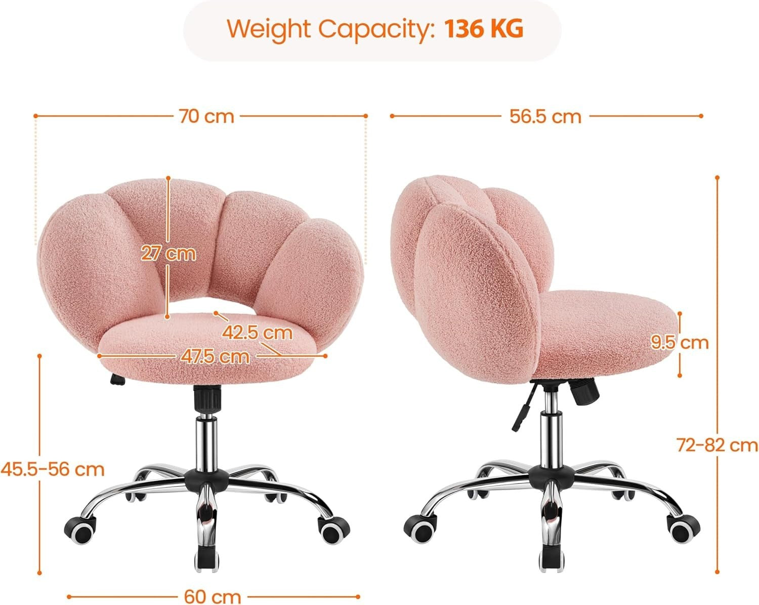 Pink Boucle Cloud Vanity Chair Swivel Adjustable Desk Chair with Wheels