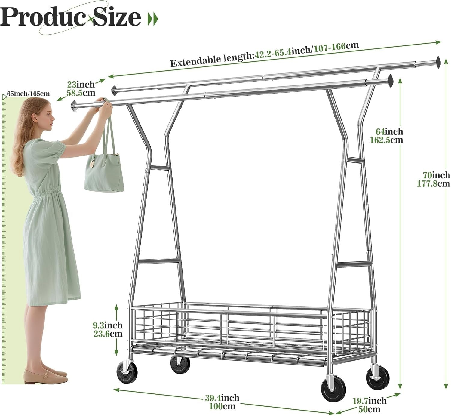 REIBII Heavy Duty Clothes Rail 285KG Double Rod Rack with Wheels