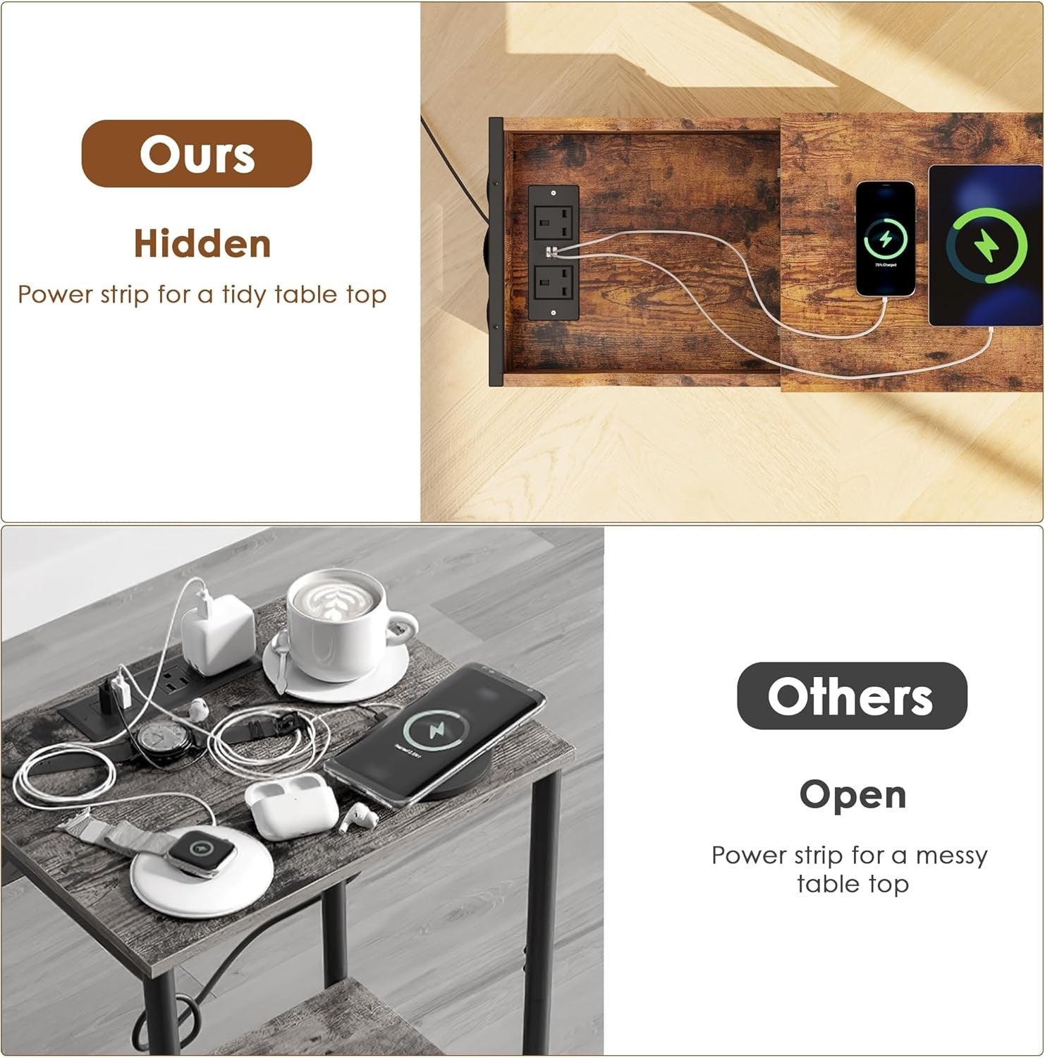 Narrow Side Table with USB Ports, Charging Station & Storage Shelf, Rustic