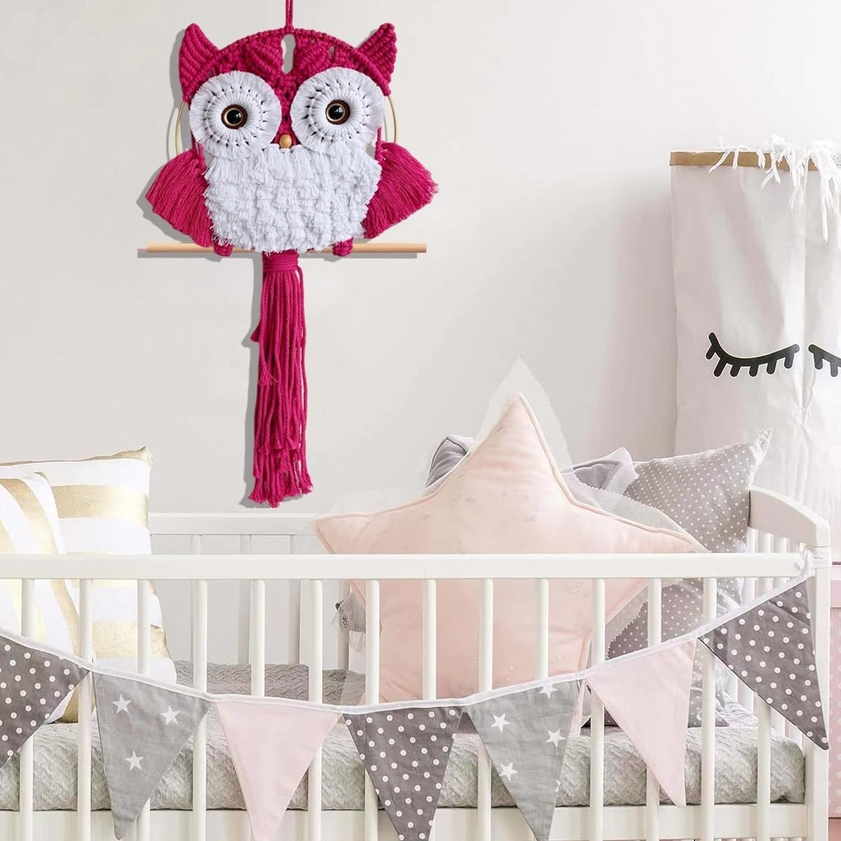 Fuchsia Macrame Owl Wall Hanging Boho Fiber Art Home Decor