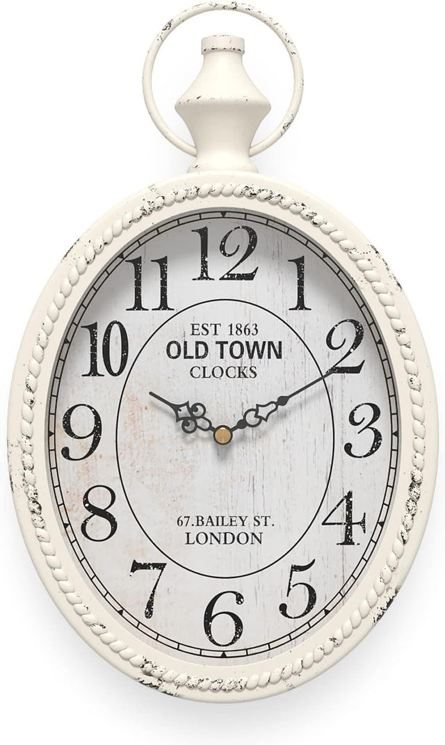 Vintage Oval Wall Clock White Silent Non-Ticking Retro Hanging Decor 28cm