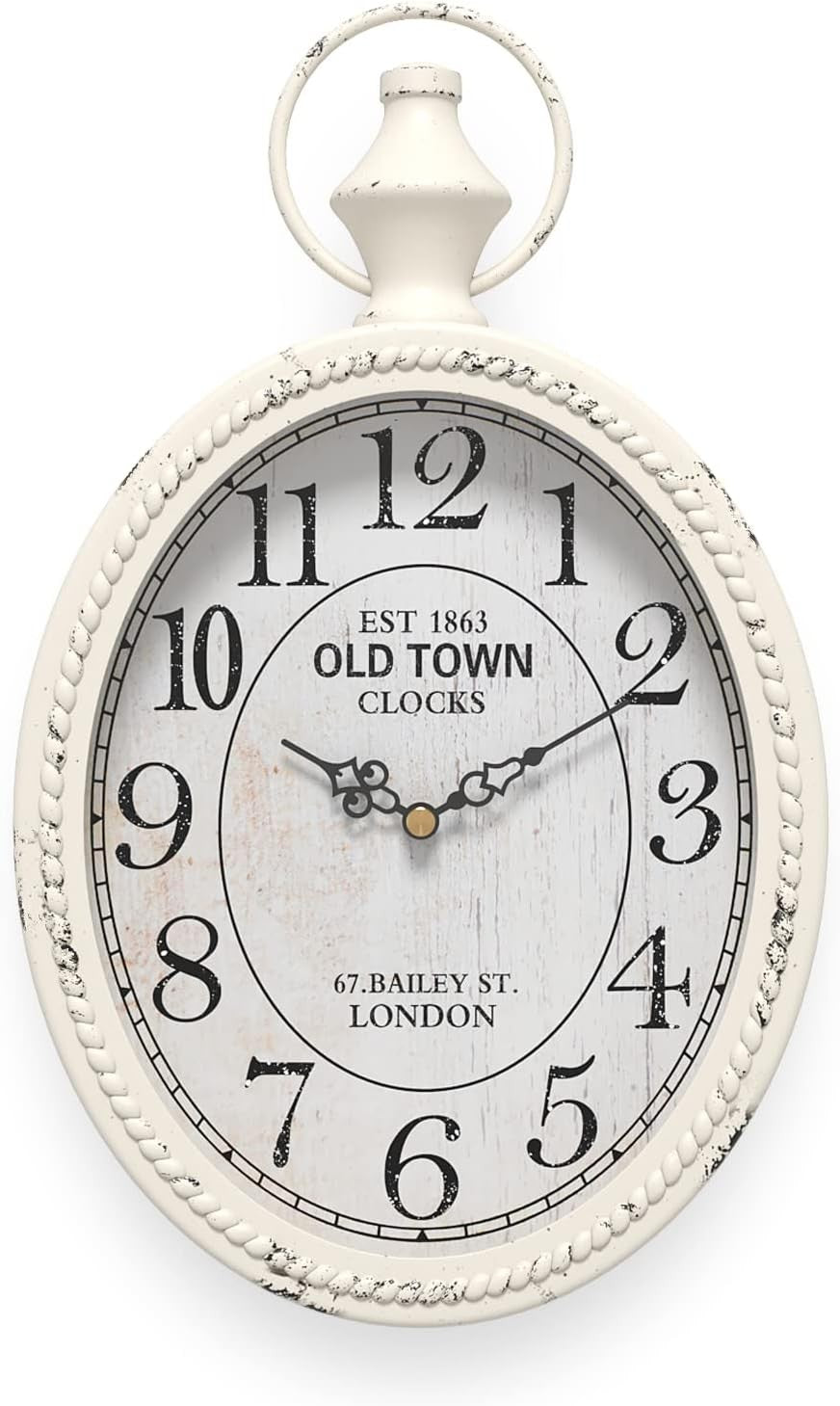 Vintage Oval Wall Clock White Silent Non-Ticking Retro Hanging Decor 28cm